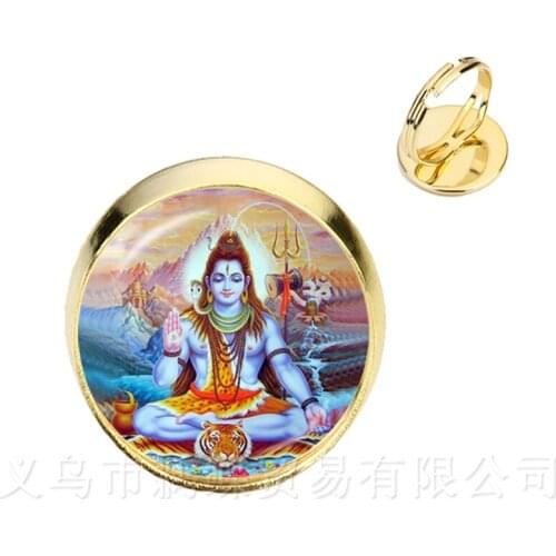 Classic India Rings God Brahma,Vishnu, Lord Shiva Jewelry Glass Cabochon Adjustable Silver/Golden Plated Religion Jewelry Gift