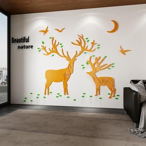 Creative nature Reindeer forest 3D living room sofa backdrop crystal flash swell excellent wall stickers decor acrylic sticker