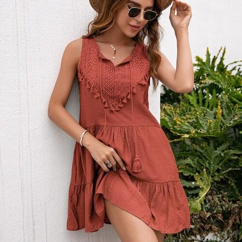 Summer Woman Sleeveless Lace Mini Dress 2021 New Casual Loose Sexy Hollow Out Solid Color Beach Dresses For Women Robe Femme