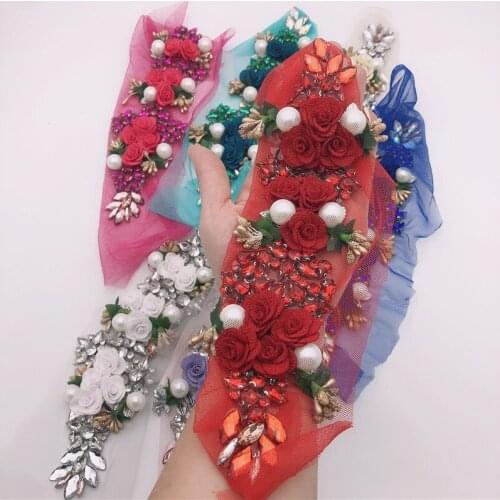 New arrival 7color handmade Rhinestone Crystal 3dapplique embroidery flower sew/iron on patch for diy evening dress