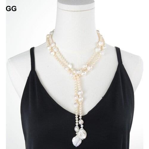 GG Jewelry 53" Natural Cultured White Pearl Coin Baroque Pearl lariat Necklace Handmade For Women