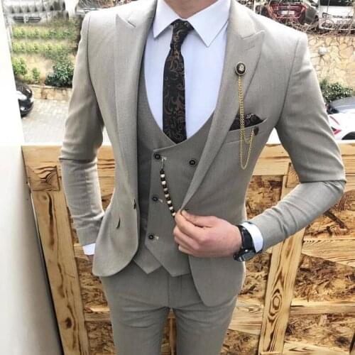 Gray Slim fit Men Suits for Wedding Groom Tuxedos 2020 Fashon Clothes 3 piece Business Male Suit Set Jacket Vest with Pants