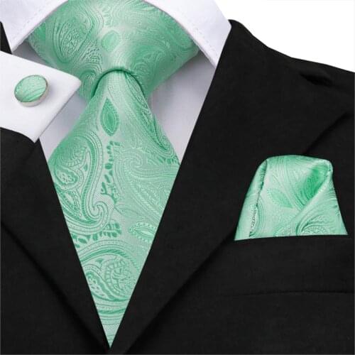 Silk Ties For Men Mint Green Neck Tie Paisley Jacquard Pocket Square Tie Set For Party Floral Solid Wedding Necktie SN-3245