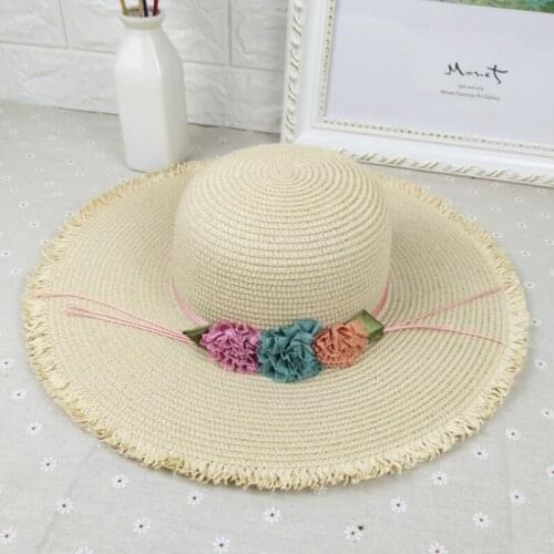 2021 Summer Womens Sun Hat Bucket Cap Beige Lace Bowknot Flowers Ribbon Straw Hat Beach Caps Panama sombreros de playa