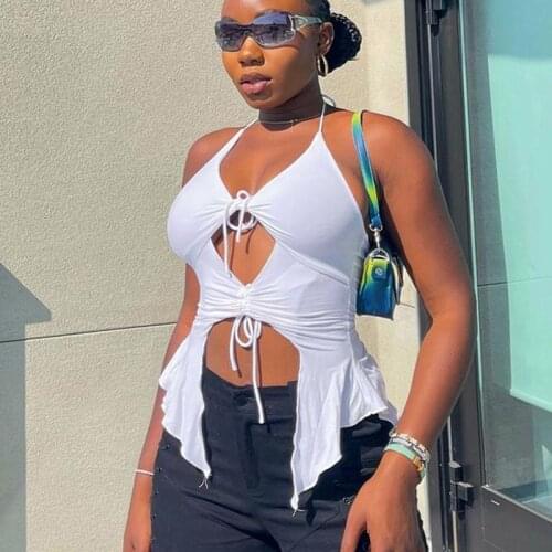 Hirigin Sexy Cut Out Crop Top Y2K Women Summer Lace Up Backless Going Out Tops 2021 Femme Streetwear Hot Basic Vest Top Tee