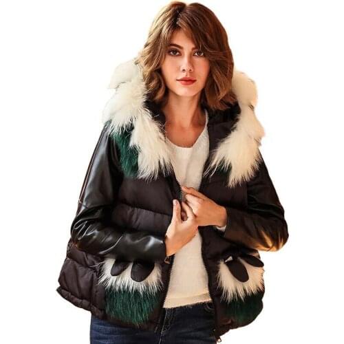 Female Winter Jacket Real Natural Fur Collar Hooded Down Jacket Women Fashion PU Patchwork Black Short Loose Coats New Parka Z30