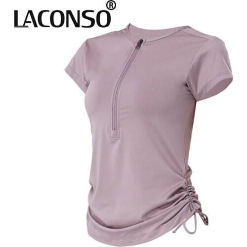 LACONSO Womens T-Shirts Zip Drawstring Sports Short Sleeves For Female Yoga Running Solid Quick Dry Workout Spring Autumn Sexy