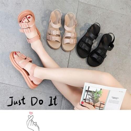 Womens Flat Sandals Gladiator Buckle Soft Jelly Shoes Womens Thick-Soled Single Shoes Womens Non-Slip All-Match Beach Shoes