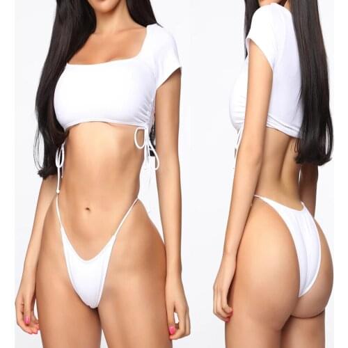 Two Piece Solid Drawstring Swimsuit Female Summer Swimwear Print Bikini Set High Waist Backless Women Sexy Leopard Beachwer