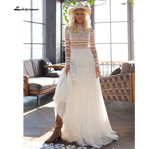 Long Sleeve High Neck Lace Back Buttons Perspective Wedding Dresses Sexy Floor Length Beach vestidos de novia 2021 robe mariée