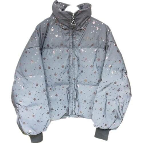 Winter Women Streetwear Down cotton Oversize Reflective Jacket Short Warm Women Coat Snowflake Sequin Parka Cotton Padded Jacket