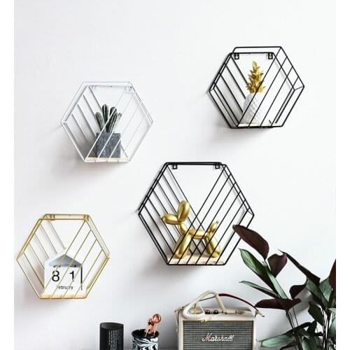 Golden Shelf Home Decoration Wall Geometric Combination Decorative Frame Wall Hanging Magazine Six Side Bookshelf
