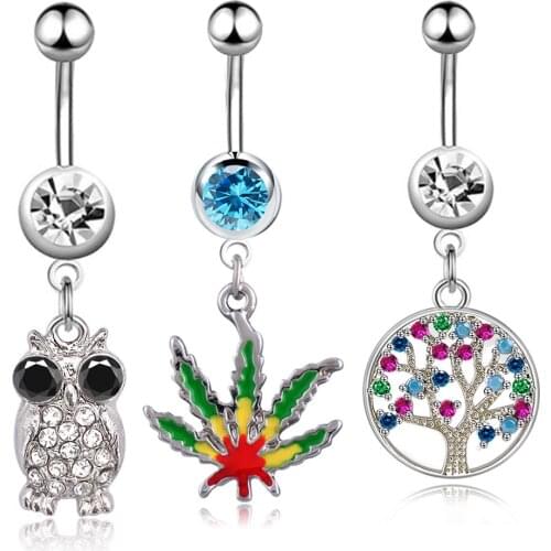 1PC Surgical Steel Life Tree Belly Button Rings Crystal Zircon Maple Leaf Navel Piercing Ombligo Earring Body Jewelry Women