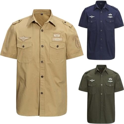 2021 New mens Plus Size Military Style Solid Cotton Shirt Cargo Tactical Short Sleeve Work Shirt Button Down Short Sleeve Shirts