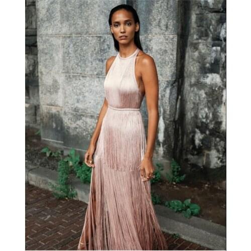 4 Color Halter Backless Sleeveless Tassel Maxi Bandage Rayon Dress Evening Party Dress