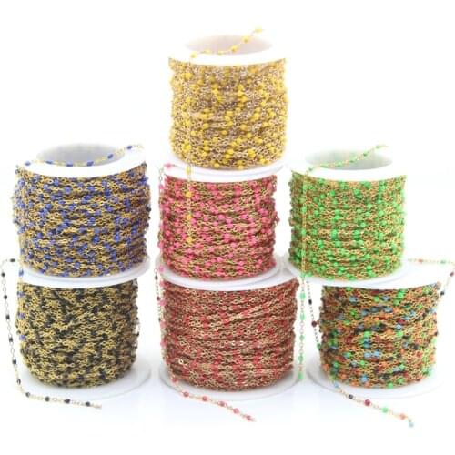 5Meter Colourful Tiny Enamel Beaded Rosary Chains,Plated Gold Stainless Steel Wire Wrapped 2mm Lampwork Necklace Chains Chokers