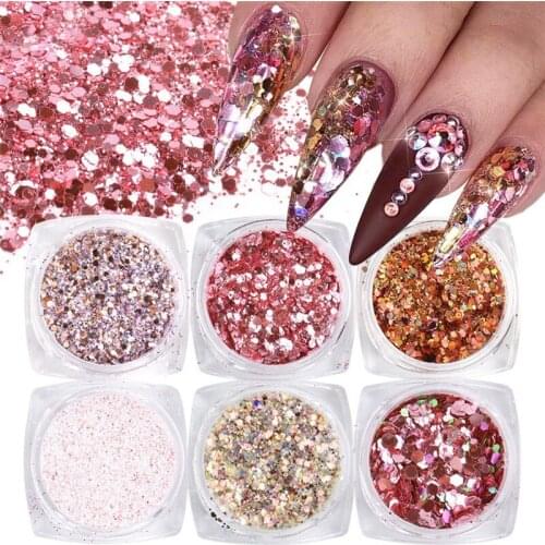 6pcs Sugar Nail Powder Pigment Shiny Candy Pink Color Dipping Dust Nail Art Glitter Sequins Design Manicure Decoration