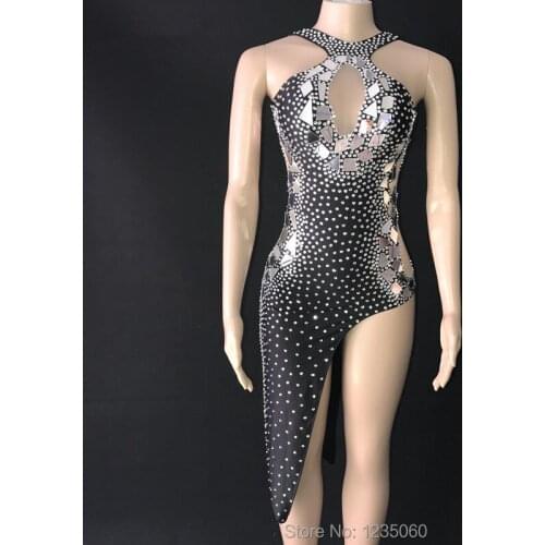 Flashing Silver Mirrors Rhinestones Dress Birthday Celebrate Black Shining Stage Latin DRESS Evening Bar Singer Dancer Show Outf