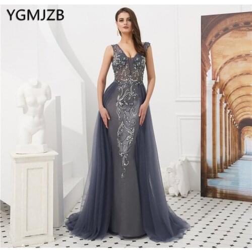 Saudi Arabic Evening Dress Long 2019 V Neck Crystal Beading Tulle Backless Gray Elegant Formal Evening Gown Party Prom Dress