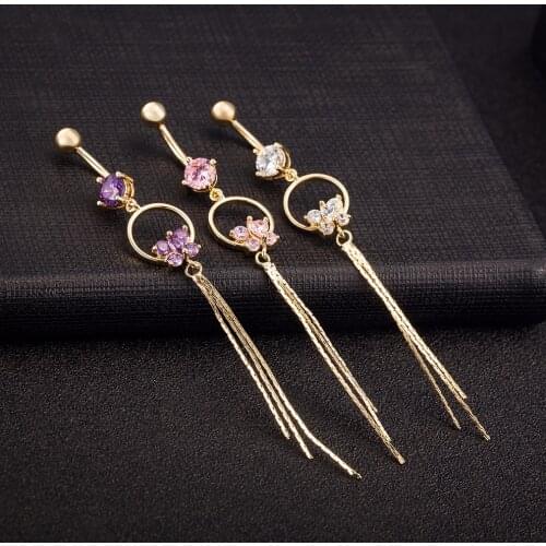 Hot Tassel Clear Purple Pink Cubic Zirconia Gold-color Belly Button Ring Tassel Navel Piercing Body Jewelry Navel Belly Piercing