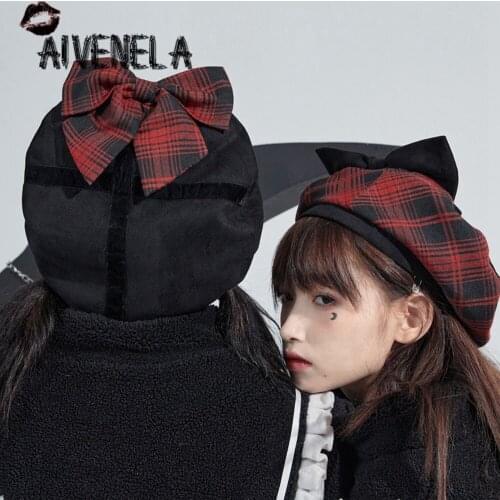 Harajuku Gothic Plaided Berets Punk Girls Female Streetwear Bow Hat Boina Feminina Береты AFC1163