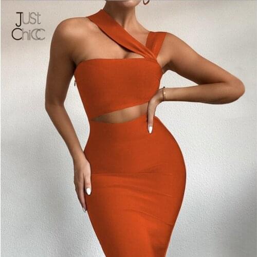 Justchicc One Shoulder Bandage Ruched Dresses For Women Hollow Out Sleeveless Bodycon Midi Party Club Dress Autumn Clothes Dress