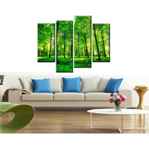 Print Art Canvas Painting 4 Piece Large HD Landscape Green Forest Oil Painting for Living Room Wall Art Picture Home Decoration