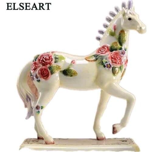Ceramic chinese style white horse with rose flower ornament animal porcelain for home decoration