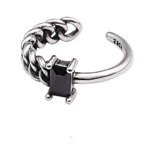 New Retro Worn Chain Shaped Light 925 Sterling Silver Jewelry Not Allergic Personality Simple Crystal Black Opening Rings SR512