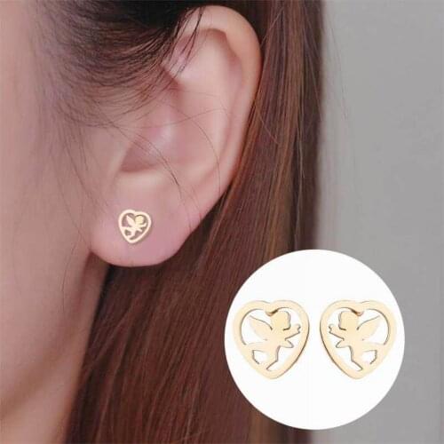 Fashion Heart Shaped Stud Earrings Ladys Stainless Steel Angel Earrings
