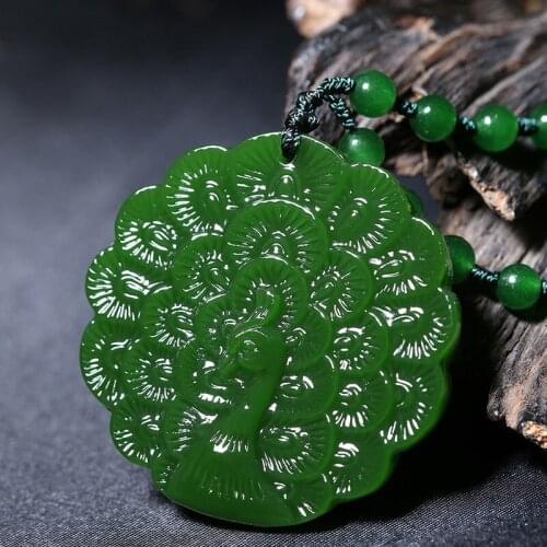 NATURAL GREEN JADE PEACOCK PENDANT NECKLACE JEWELLERY FASHION ACCESSORIES HAND-CARVED WOMAN LUCKY AMULET SWEATER CHAIN