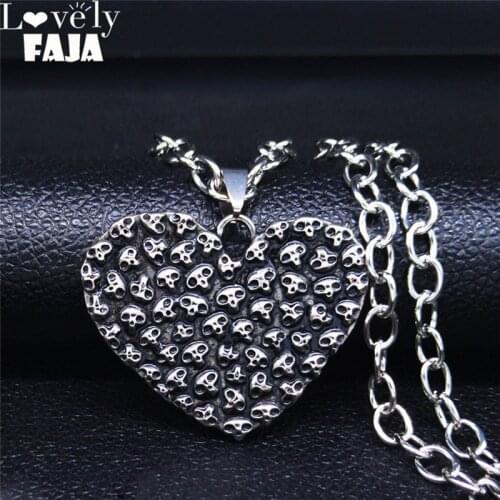 Punk Goth Heart Skull Stainless Steel Long Chain Necklace Men/Women Silver Color Necklaces Pendants Jewelry colar NZZ17S03
