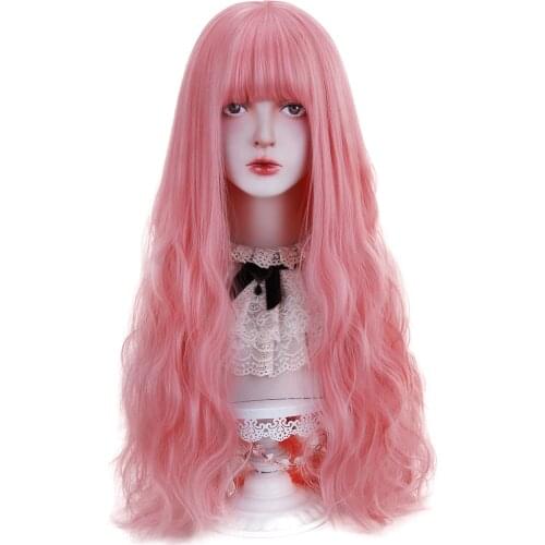 AICKER Long Wavy Synthetic copper pink brown, Hair Wigs with Bangs for Women Lolita Cosplay Costume Party Halloween