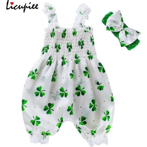 Girls 2pcs Clover Printed Romper Set, Sleeveless Bubble Trousers Suspender Bodysuit with Headband Summer 0-24 Months