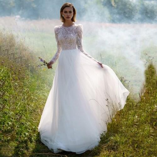 O-Neck Long Sleeve Lace Appliques Beads Zipper Tulle A-Line Wedding Dress 2021 Vestido De Noiva Bridal Gown