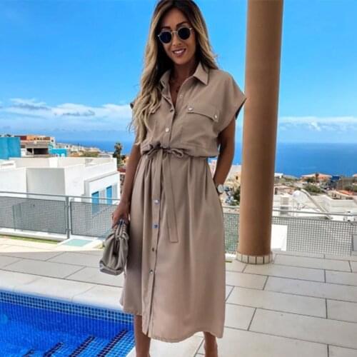 Women Elegant Shirt Dress Summer Short Sleeve Casual Loose Buttons High Waist Sundress 2021 Bow Strap Midi Vestidos Femme Robe