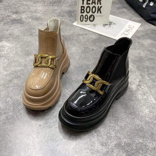 Casual Hot Sale Patent Leather Metal Chain Thick-Soled Waterproof Platform Temperament Summer Set Foot Shallow Mouth Single Boot