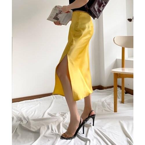 2021 European and American bloggers button decoration split sexy satin high waist skirt DLBSQ158