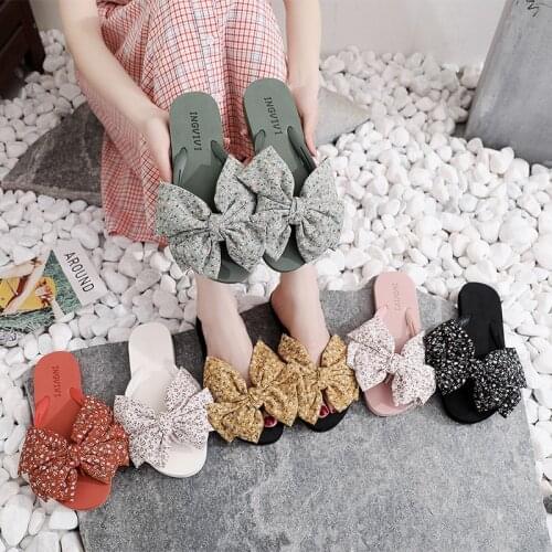 Vintage Floral Bow Slippers For Women Summer Cool EVA Slippers Flip Flops Fashion Ladies Beach Shoes Comfortable Flat Slippers