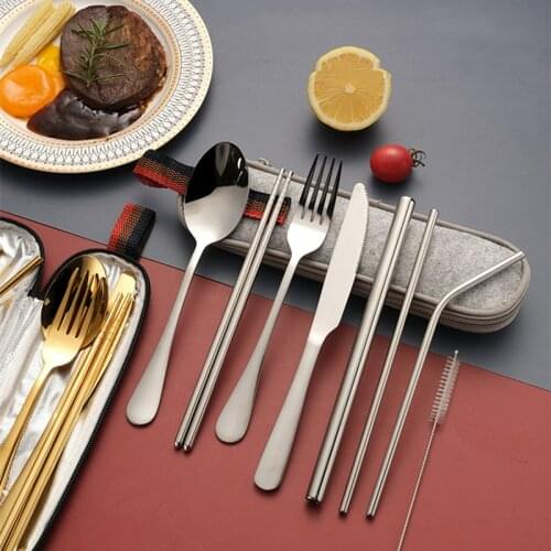 Titanium-Plated 1010 Stainless Steel Cutlery, Chopsticks, 304 Stainless Steel Straws, 9-Piece Portable Tableware Set