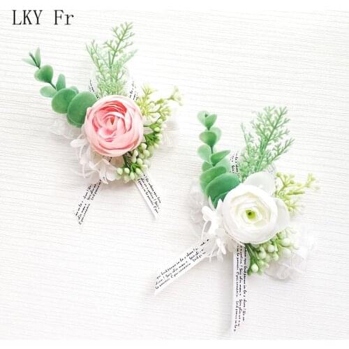 Wrist Corsage Wedding Bridesmaid Bracelet Pink White Silk Flower Wrist Corsage Bracelet Groom Boutonniere Marriage Accessories