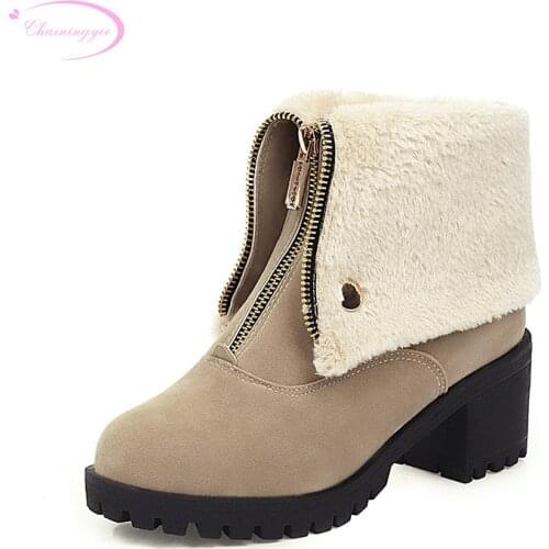 OL comfortable winter warm plush snow boots fashion zipper green apricot black mid-calf boots high heels chunky womens shoes