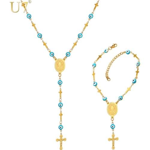 U7 New Eye Necklace Set Wholesale Trendy Y-Shaped Long Rosary Cross Necklace Bracelet Women Turkish Jewelry Sets S841