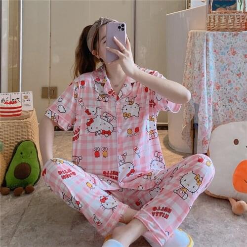 Sanrio My Melody short-sleeved sleepwear T-shirt shirt trousers Hello Kitty cartoon open short long female pajamas