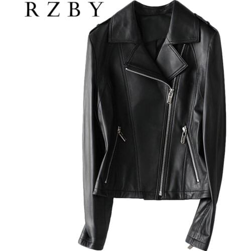2021 Spring Women Real Sheepskin Jacket Long Sleeve Slim Zipper Genuine Leather Coat Ladies Streetwear Casual Harajuku RZBY312