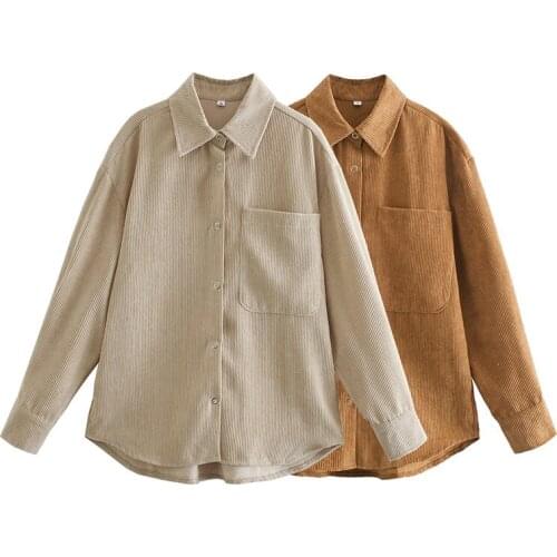 Women Shirt Fashion Za 2021 High Quality Two Solid Color Corduroy Vintage Shirts Elegant Tops Collar Blouse