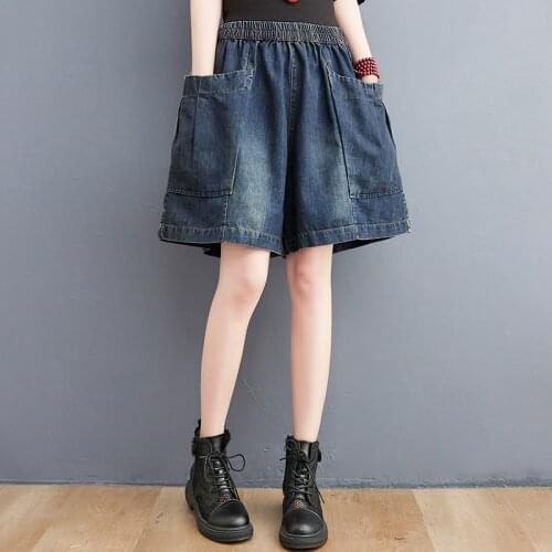 6534 Women Denim Shorts Loose Temperament Sweet Girls Preppy Style Big Pocket Bleached Retro Classical Elastic Waist Wide Leg