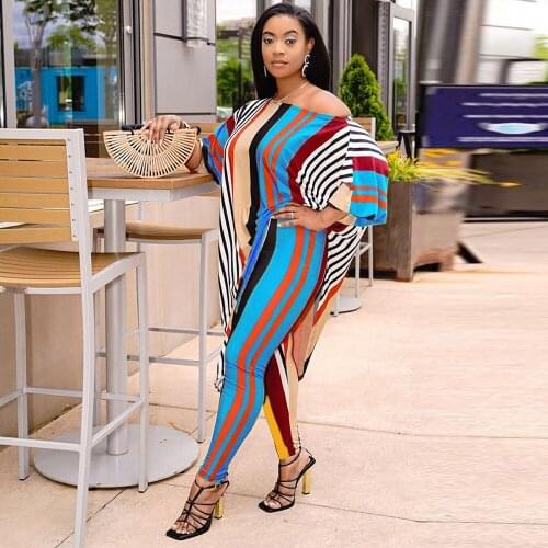 Vertical Striped Print Two Piece Matching Sets Womens Outfit One Shoulder Full Sleeve Irregular Maxi Tops+skinny Legging 2021
