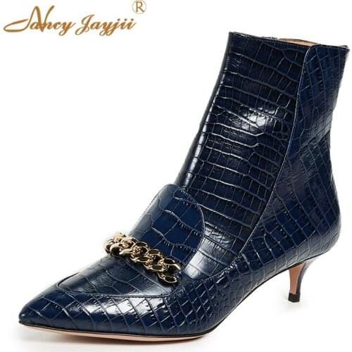 Stone-effect Woman Ankle Boots Bota Blue Female Ladies Shoes Sexy Fashion Luxury Metal Decoration 2021 Dress Party Autumn Plush