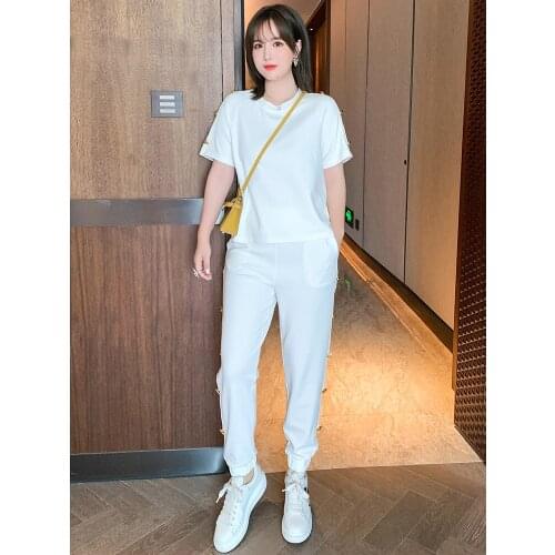 High quality Simple +Button decorated elastic waist Leggings suit for women 2021 summer new pattern